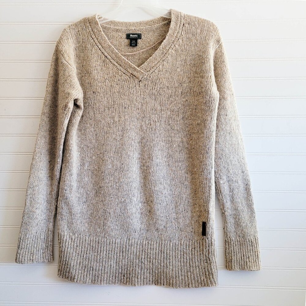 Roots Canada Sweater Size Small Beige Fleck V Neck Merino Alpaca Blend